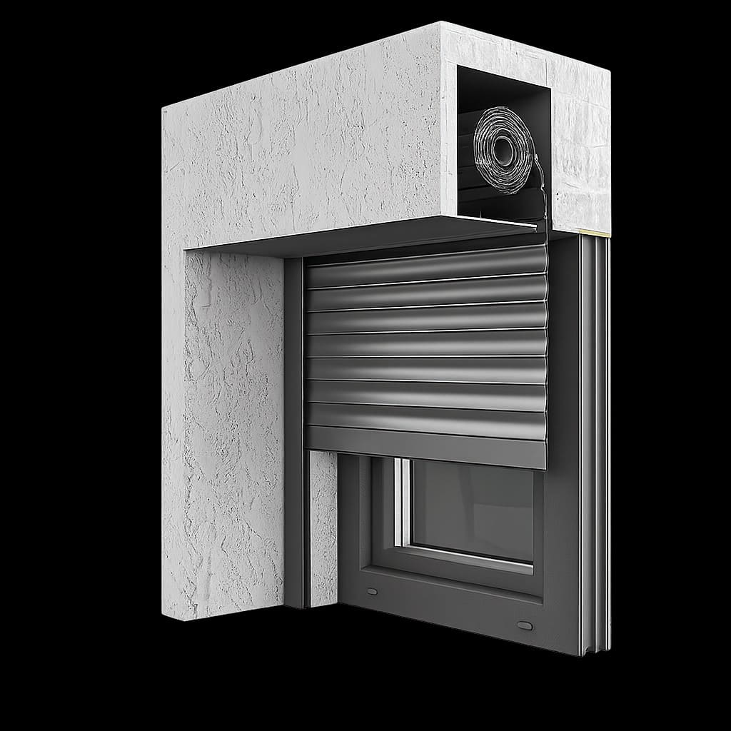 Roletna fasaduese – prerje 3D me kuti të integruar në fasadë, kornizë antracit dhe mur i bardhë teksturuar – ALUSET