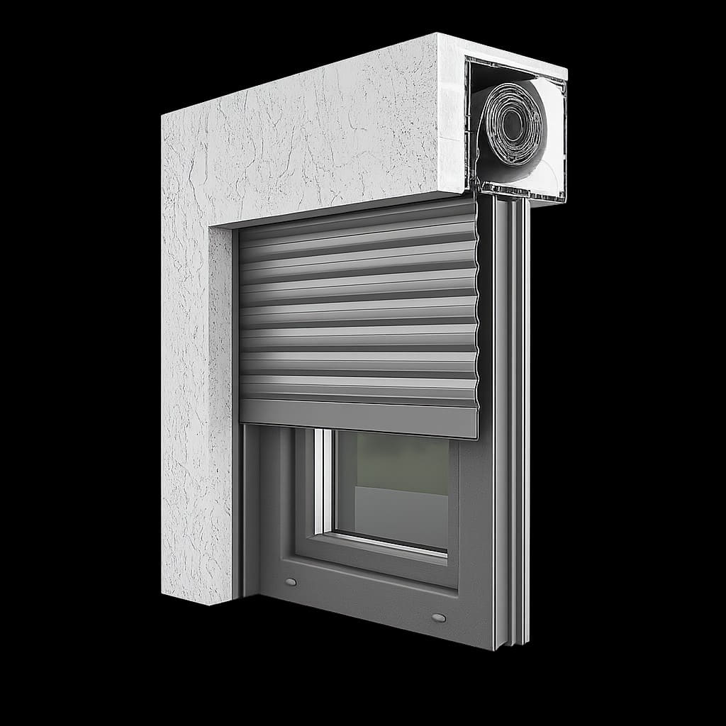 Roleta mbi dritare – prerje 3D me kuti në lintel, izolim në kuti, lamelë antracit, kornizë dhe mur i bardhë teksturuar – ALUSET